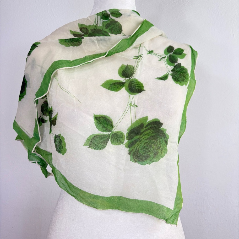 Vintage semi sheer, silky, crêpe, precious floral green rose printed scarf - Picture 9 of 14